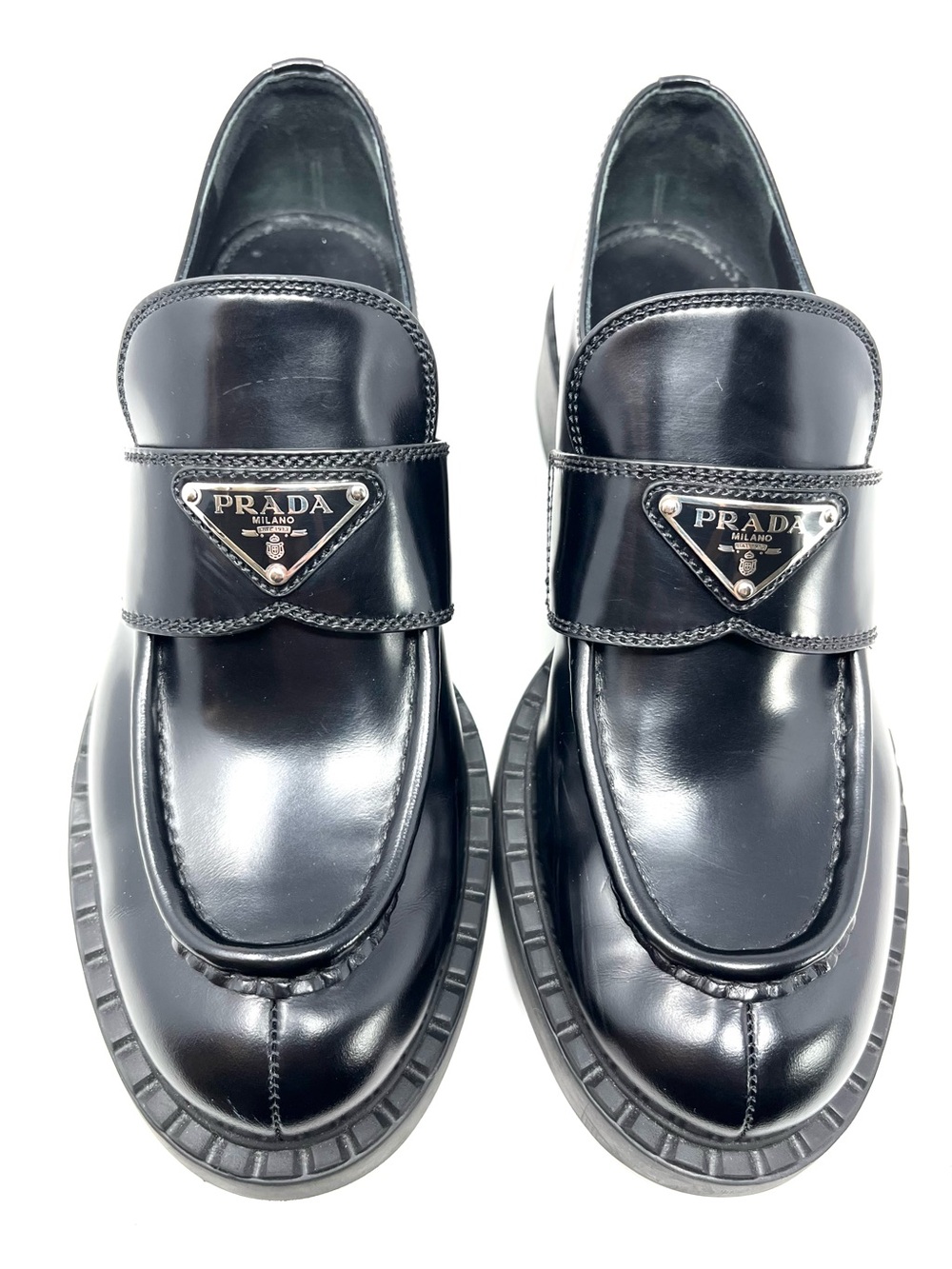 Prada Chocolate Black Triangle Logo Brushed Leather Loafers Heels Chunky 38.5 - Picture 3 of 14